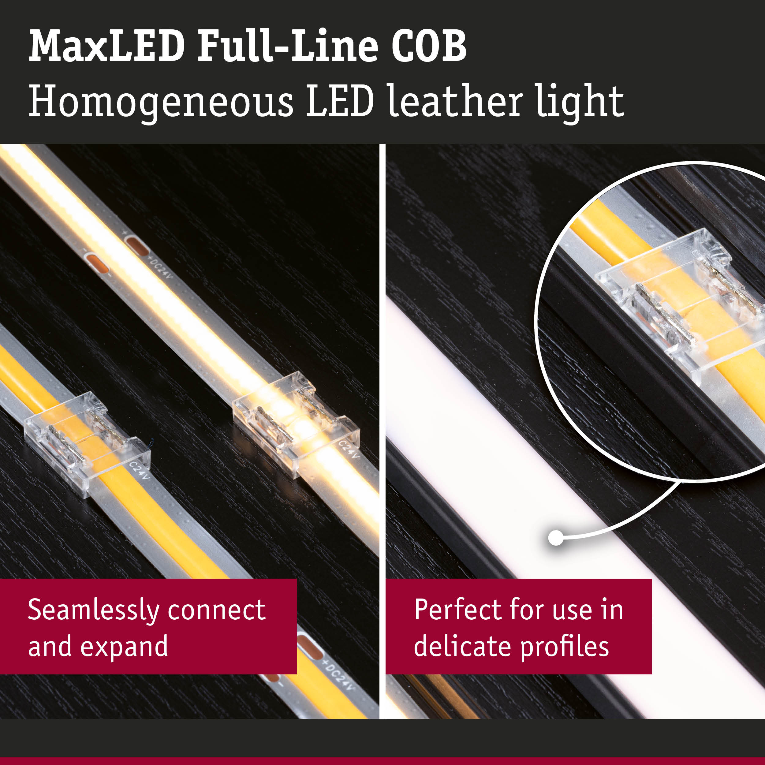 MaxLED Full-Line COB LED strip with homogeneous light on black surface for interior lighting