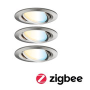 Three round recessed spotlights in brushed stainless steel with adjustable warm and cool white light