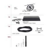 Technische Zeichnung schwarzer LED-Strahler mit 355° Drehung und 30° Neigung, inklusive Netzteil und Kabel