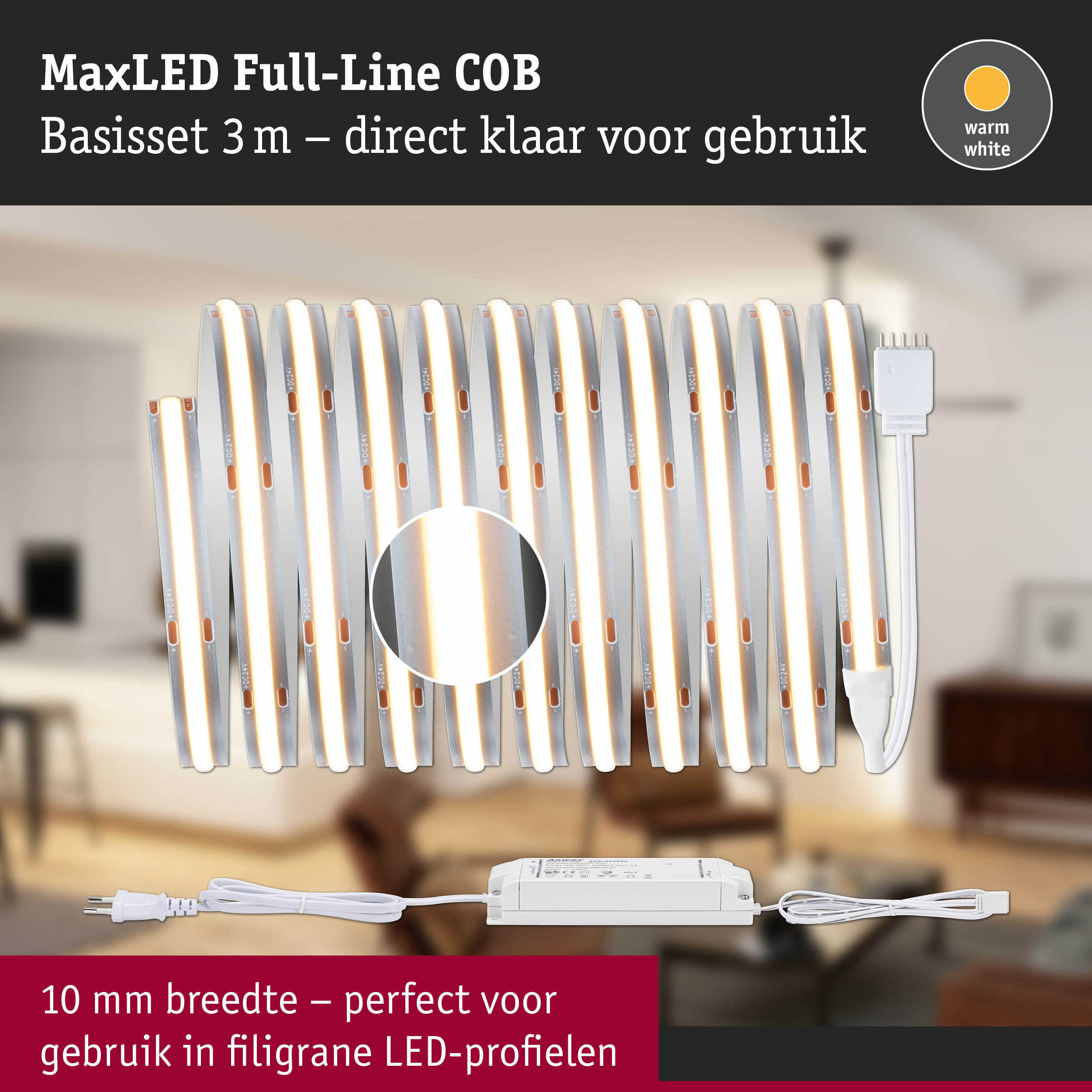 MaxLED Full-Line COB LED-strip 3 m met warm wit licht en voeding voor fijne LED-profielen