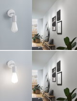 Modern white wall spotlight with LED bulb in hallway featuring wooden bench and plants, lighting concept.