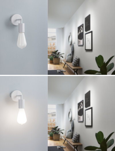 Modern white wall spotlight with LED bulb in hallway featuring wooden bench and plants, lighting concept.