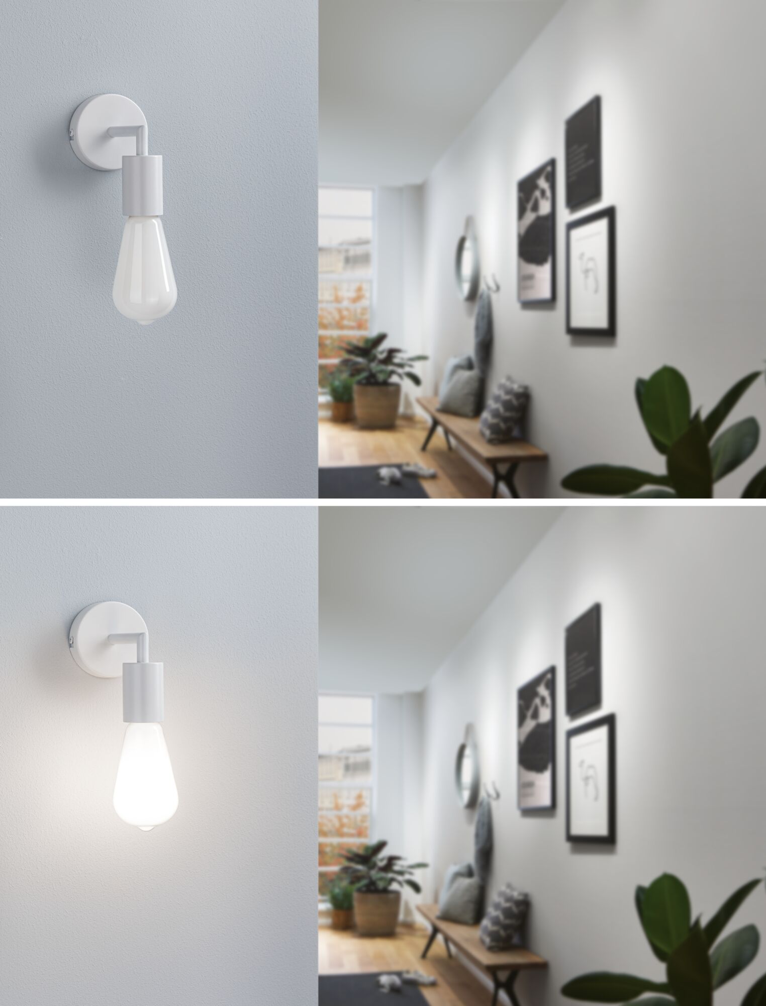 Moderner weißer Wandspot mit LED-Glühbirne in Flur mit Holzbänken und Pflanzen, Beleuchtungskonzept.