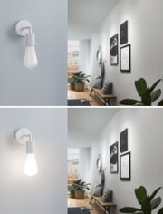 Modern white wall spotlight with LED bulb in hallway featuring wooden bench and plants, lighting concept.