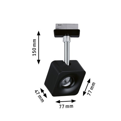 Black metal LED spotlight with adjustable head, 77x77x47 mm, suitable for track lighting systems