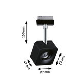 Spot LED noir en métal avec tête réglable, dimensions 77x77x47 mm, pour systèmes sur rail