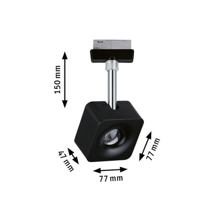 Spot LED noir en métal avec tête réglable, dimensions 77x77x47 mm, pour systèmes sur rail