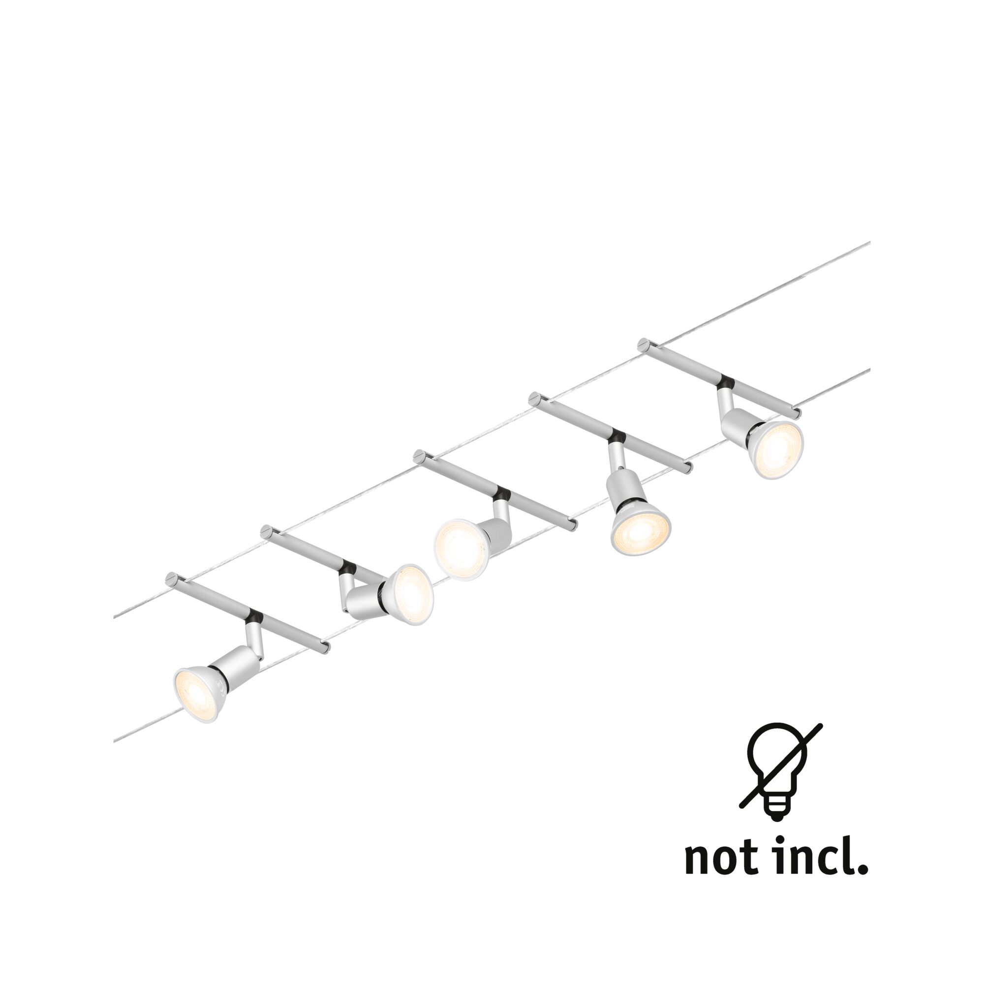 Modern cable lighting system with five white metal LED spotlights for flexible room illumination
