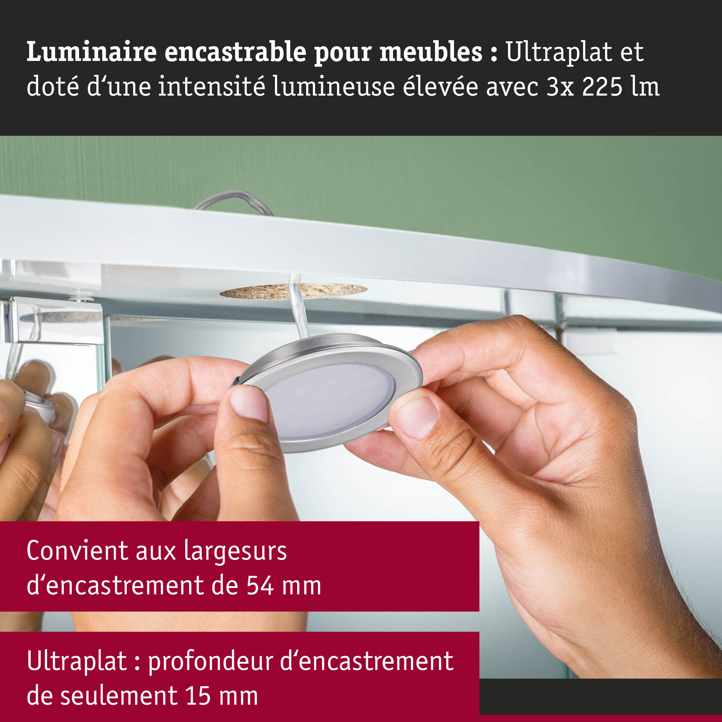 Luminaire encastrable ultra-plat pour meubles en argent avec haute intensité lumineuse 3x 225 lm