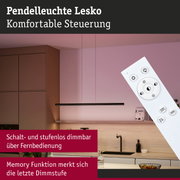 Schwarze Pendelleuchte Lesko aus Metall mit Fernbedienung in moderner Küche mit Holzarbeitsplatte