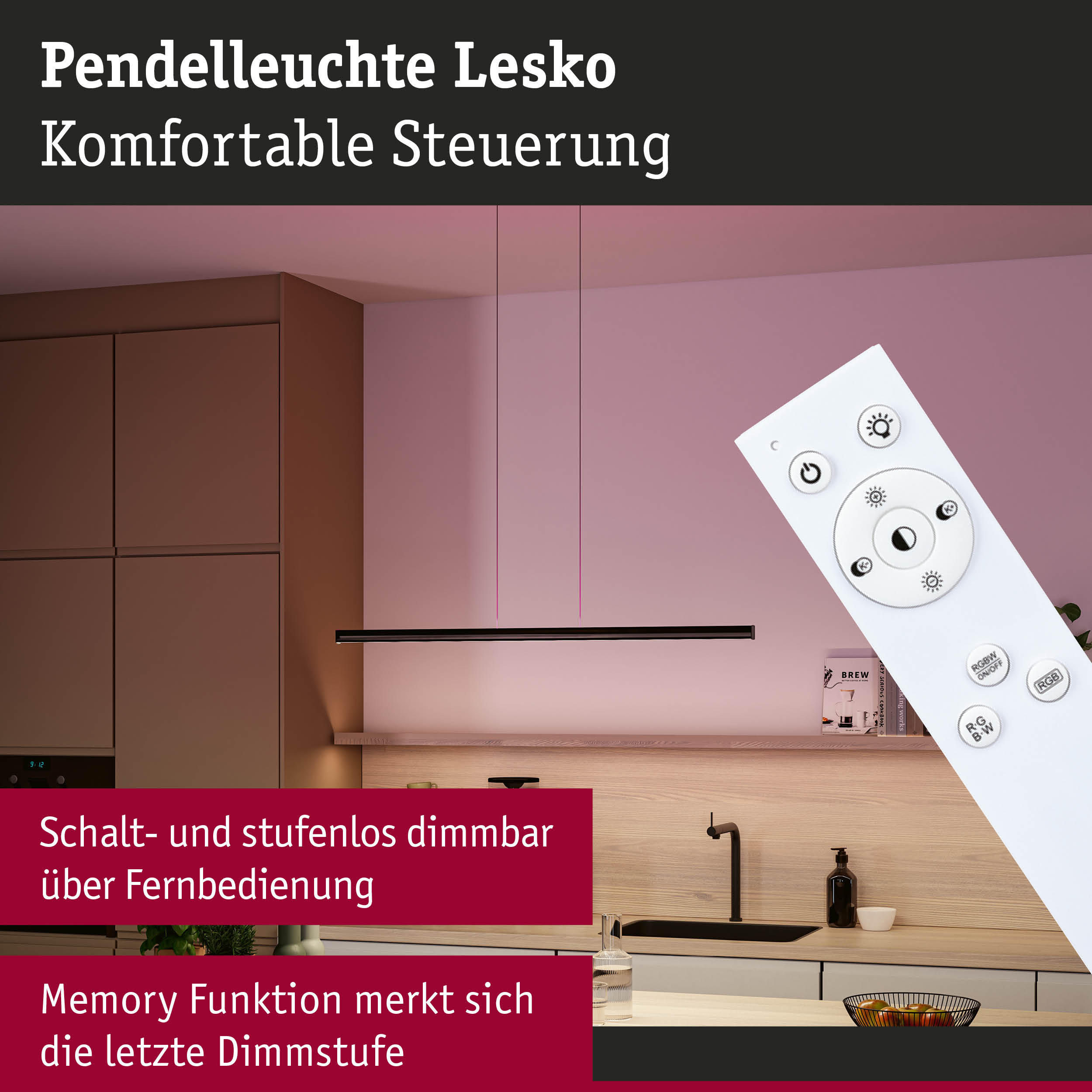 Schwarze Pendelleuchte Lesko aus Metall mit Fernbedienung in moderner Küche mit Holzarbeitsplatte