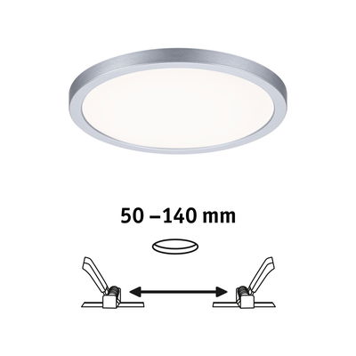 Round LED ceiling light with silver aluminum frame and adjustable installation size from 50 to 140 mm.