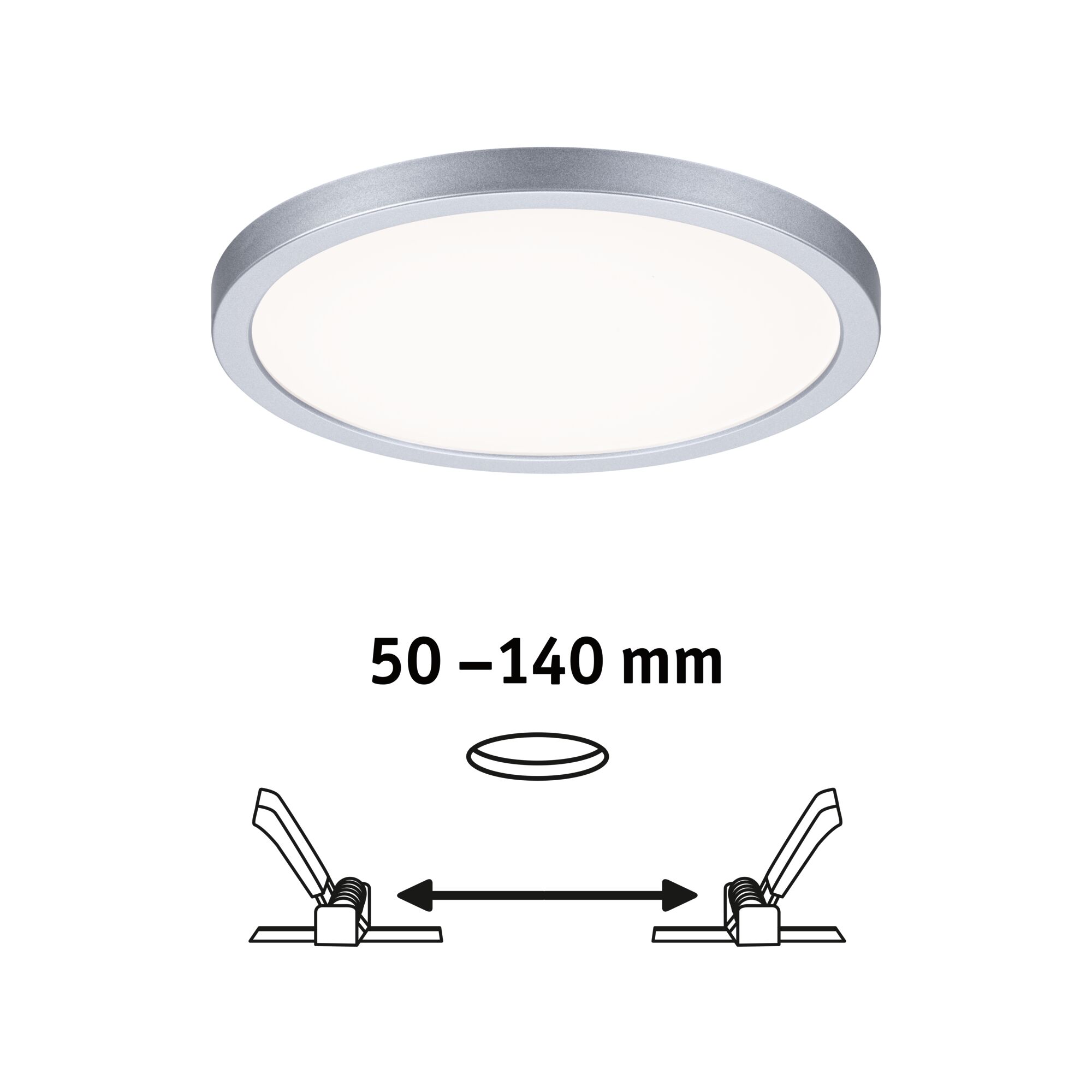 Round LED ceiling light with silver aluminum frame and adjustable installation size from 50 to 140 mm.