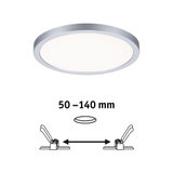 Round LED ceiling light with silver aluminum frame and adjustable installation size from 50 to 140 mm.