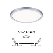 Rundes LED-Deckenlicht mit silbernem Aluminiumrahmen und einstellbarem Einbaumaß von 50 bis 140 mm.