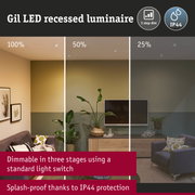 Gil white LED recessed luminaire with three-step dimming and IP44 splash-proof protection