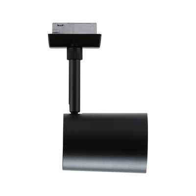 Black metal LED spotlight with cylindrical head for track lighting, modern indoor lighting solution
