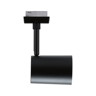 Black metal LED spotlight with cylindrical head for track lighting, modern indoor lighting solution