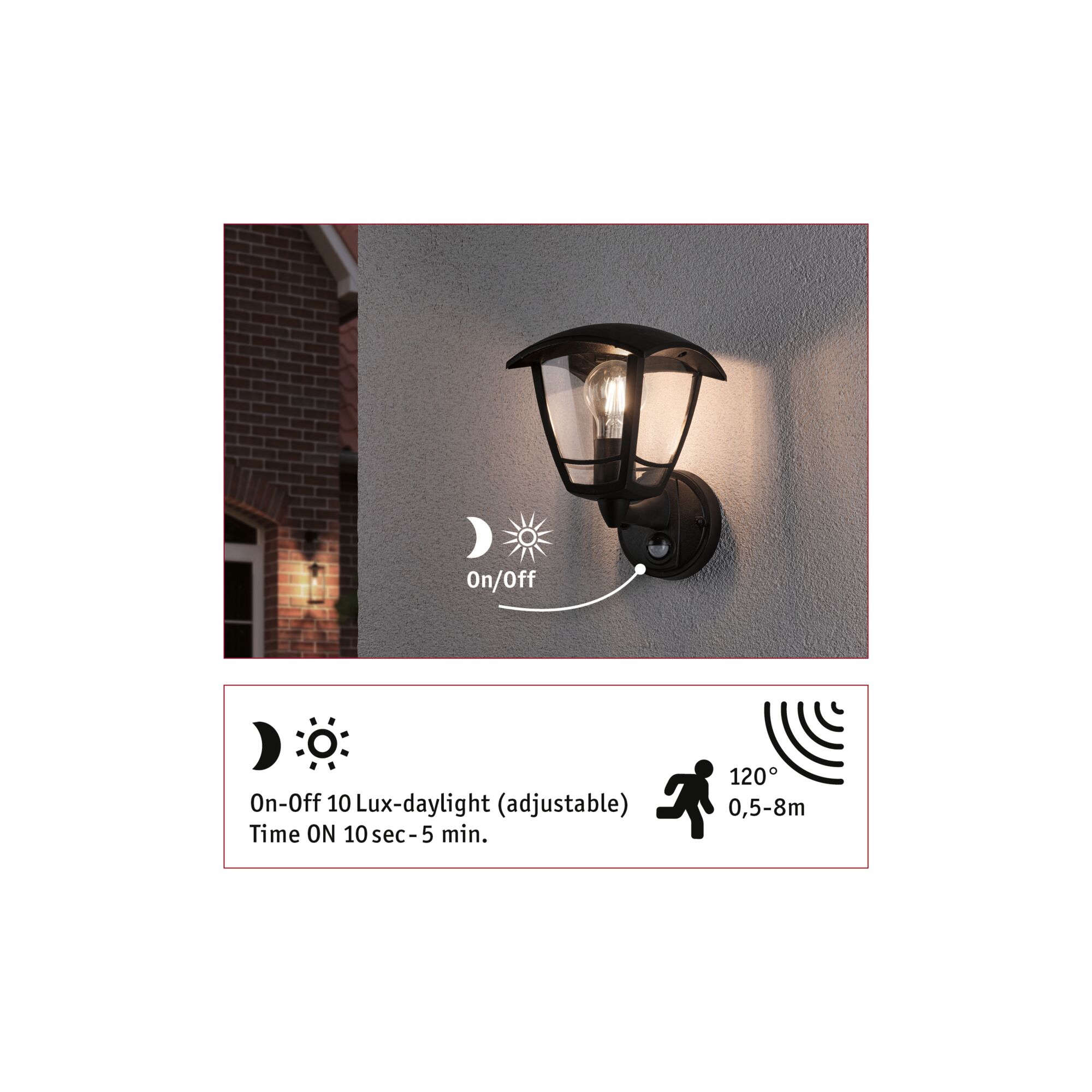 Sort udendørs væglampe med bevægelsessensor og justerbar skumringsfunktion til husmure.