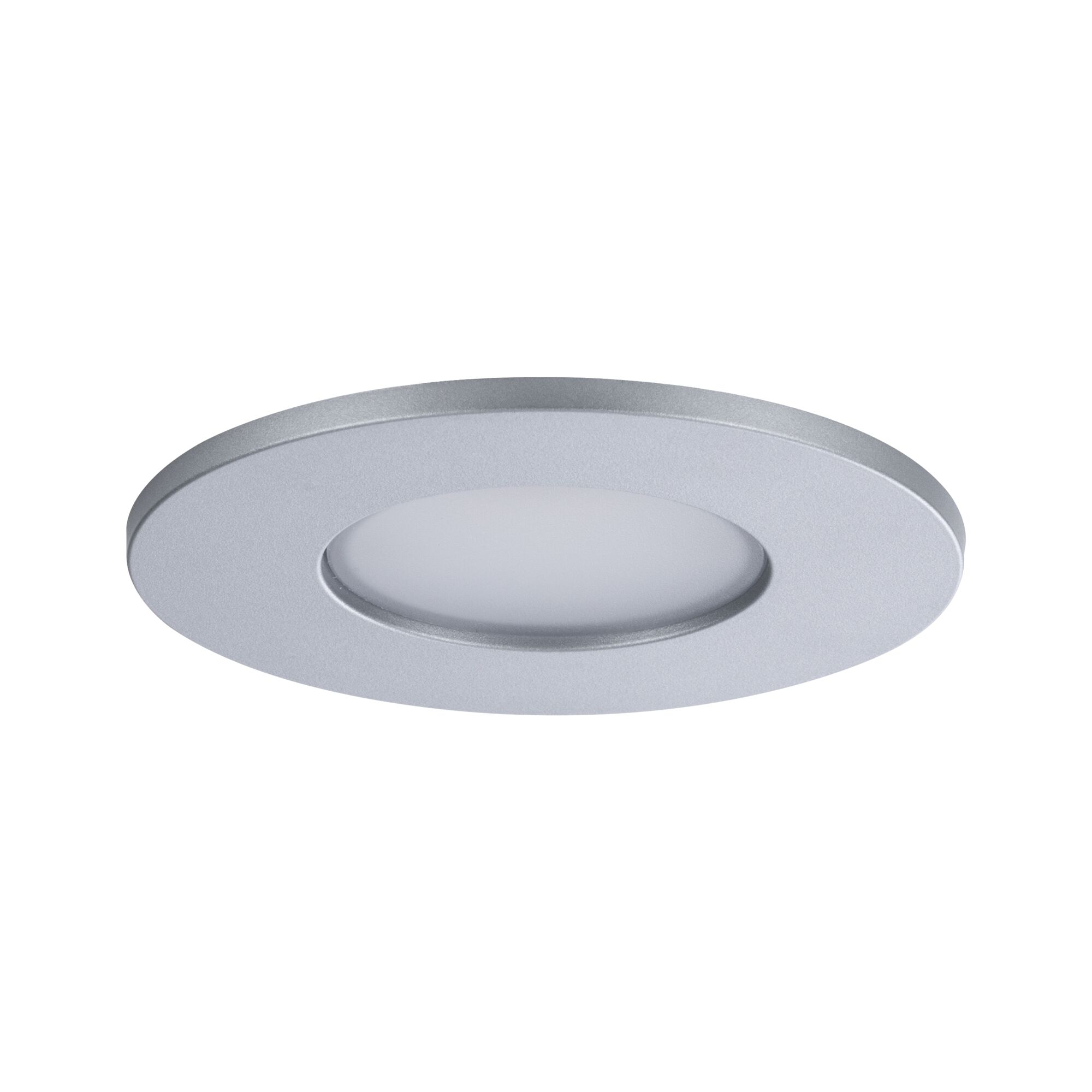Round LED recessed panel in silver aluminum with matte white cover for modern room lighting