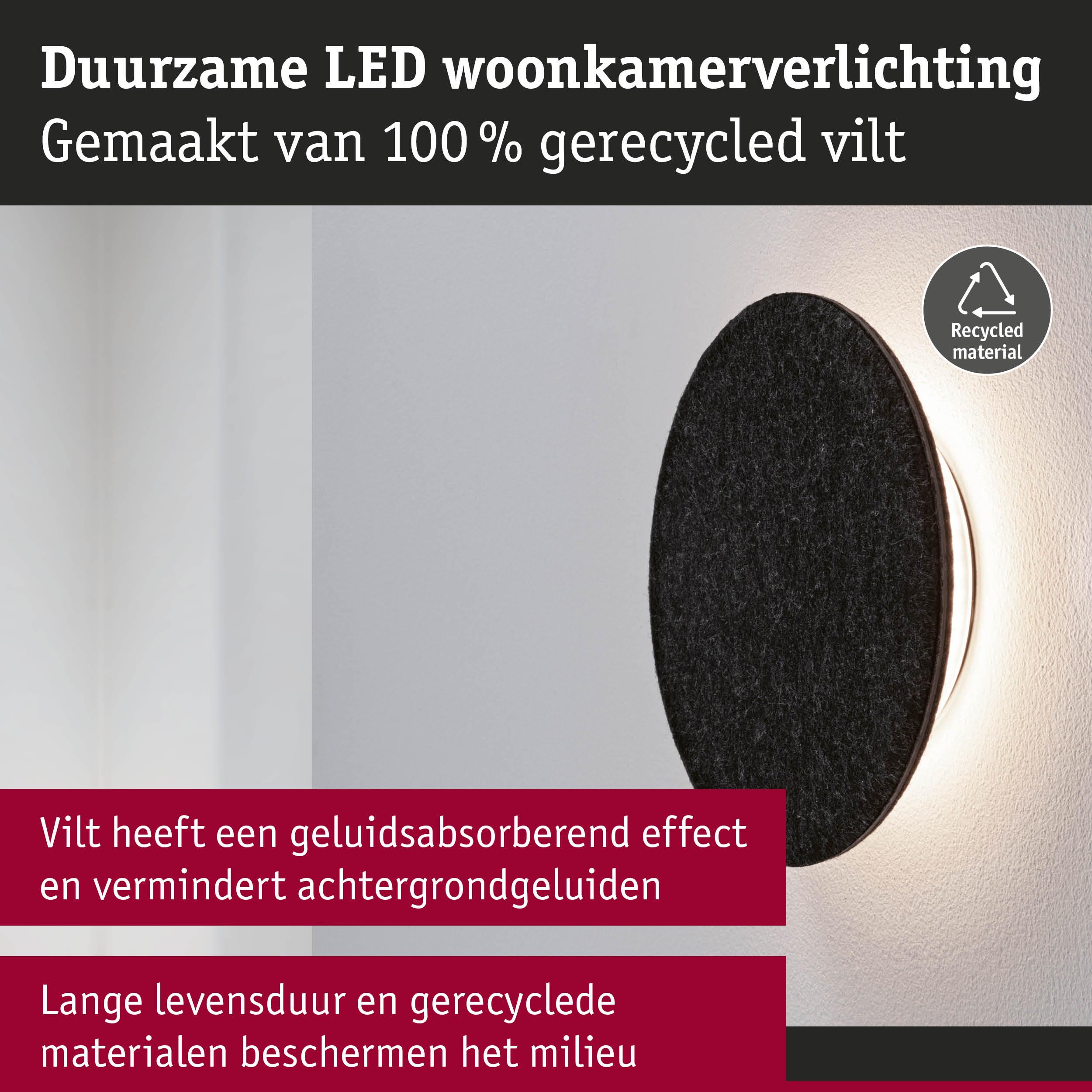 Duurzame zwarte LED-wandlamp van 100% gerecycled vilt met geluiddempende werking