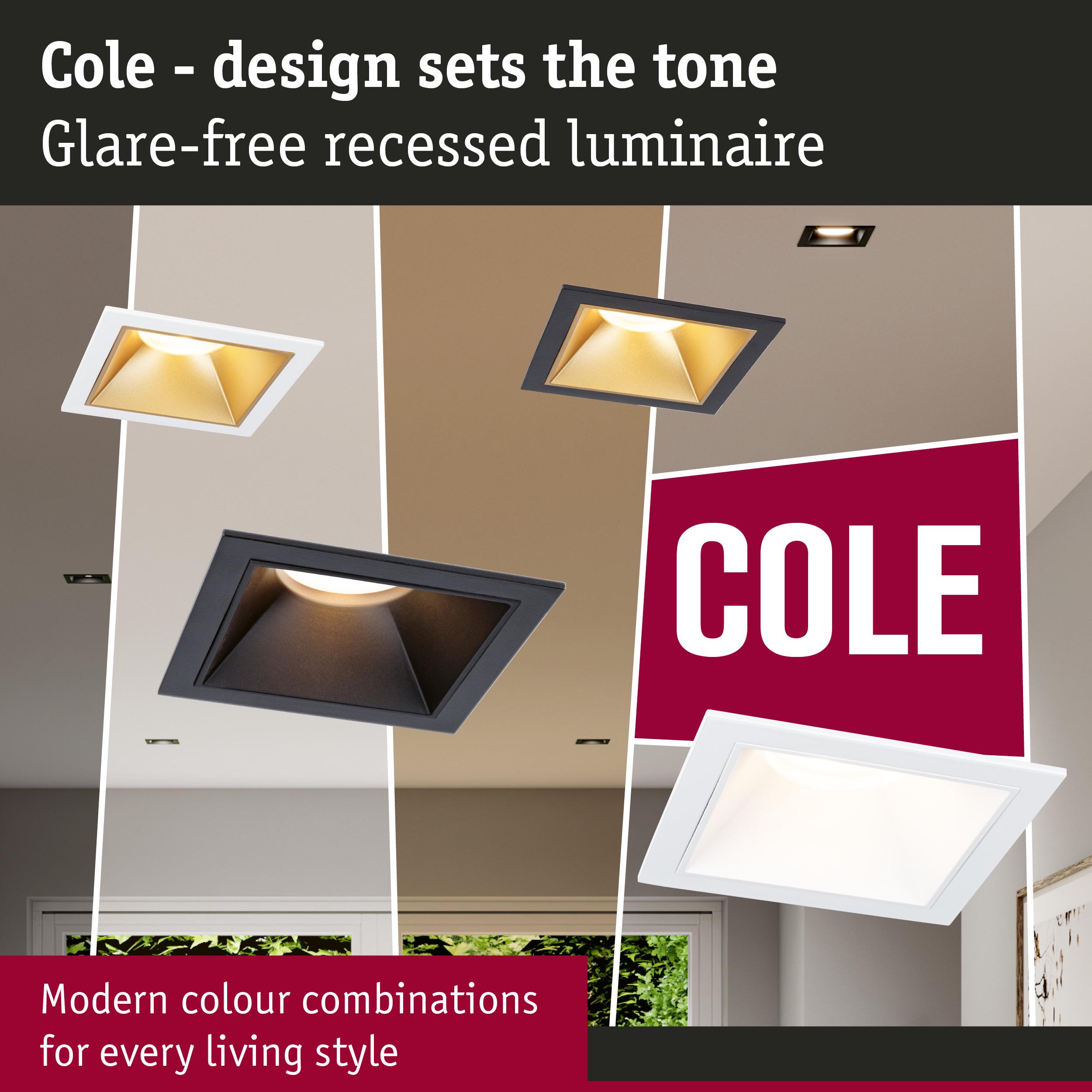 Modern Cole recessed luminaires in black and white with glare-free design for stylish room lighting