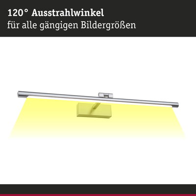 Chromfarbene LED-Bilderleuchte mit 120° Ausstrahlwinkel und gelber Lichtprojektion für Wandbilder