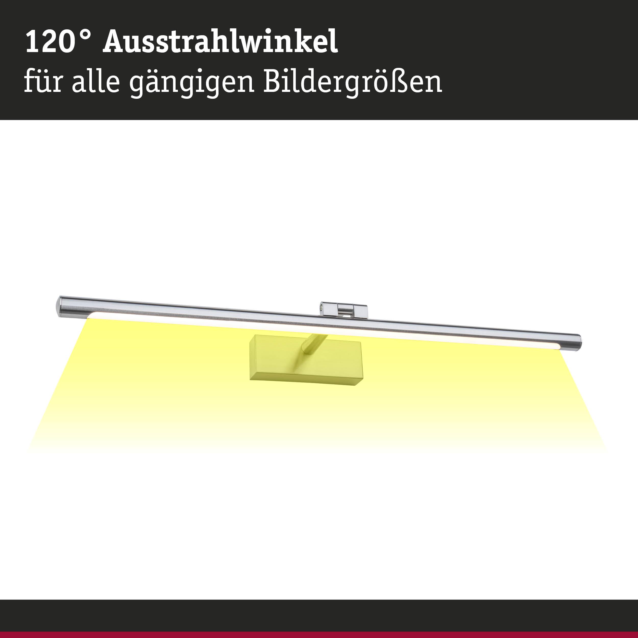 Chromfarbene LED-Bilderleuchte mit 120° Ausstrahlwinkel und gelber Lichtprojektion für Wandbilder