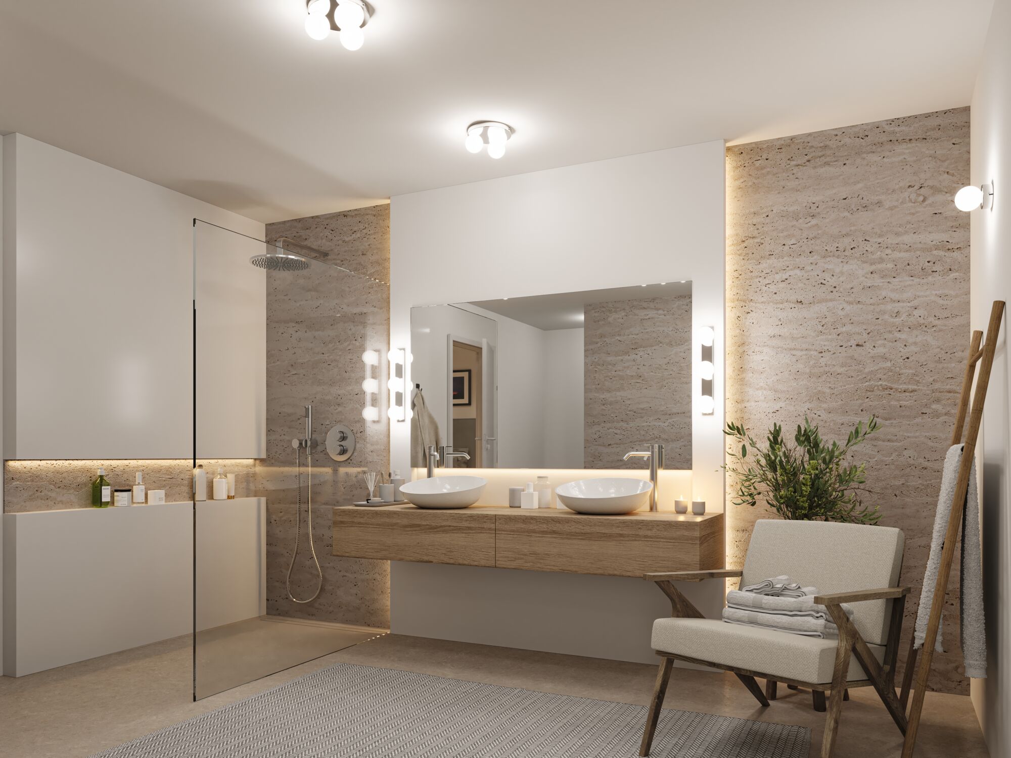 Modernes Badezimmer mit Holzwaschtisch, zwei weißen Aufsatzbecken und warmweißer LED-Beleuchtung