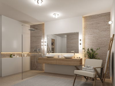 Modernes Badezimmer mit Holzwaschtisch, zwei weißen Aufsatzbecken und warmweißer LED-Beleuchtung