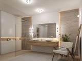 Modern bathroom with wooden vanity, two white vessel sinks and warm white LED lighting