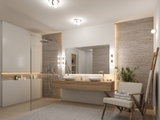 Moderne badkamer met houten wastafelmeubel, twee witte opzetkommen en warmwit LED-licht
