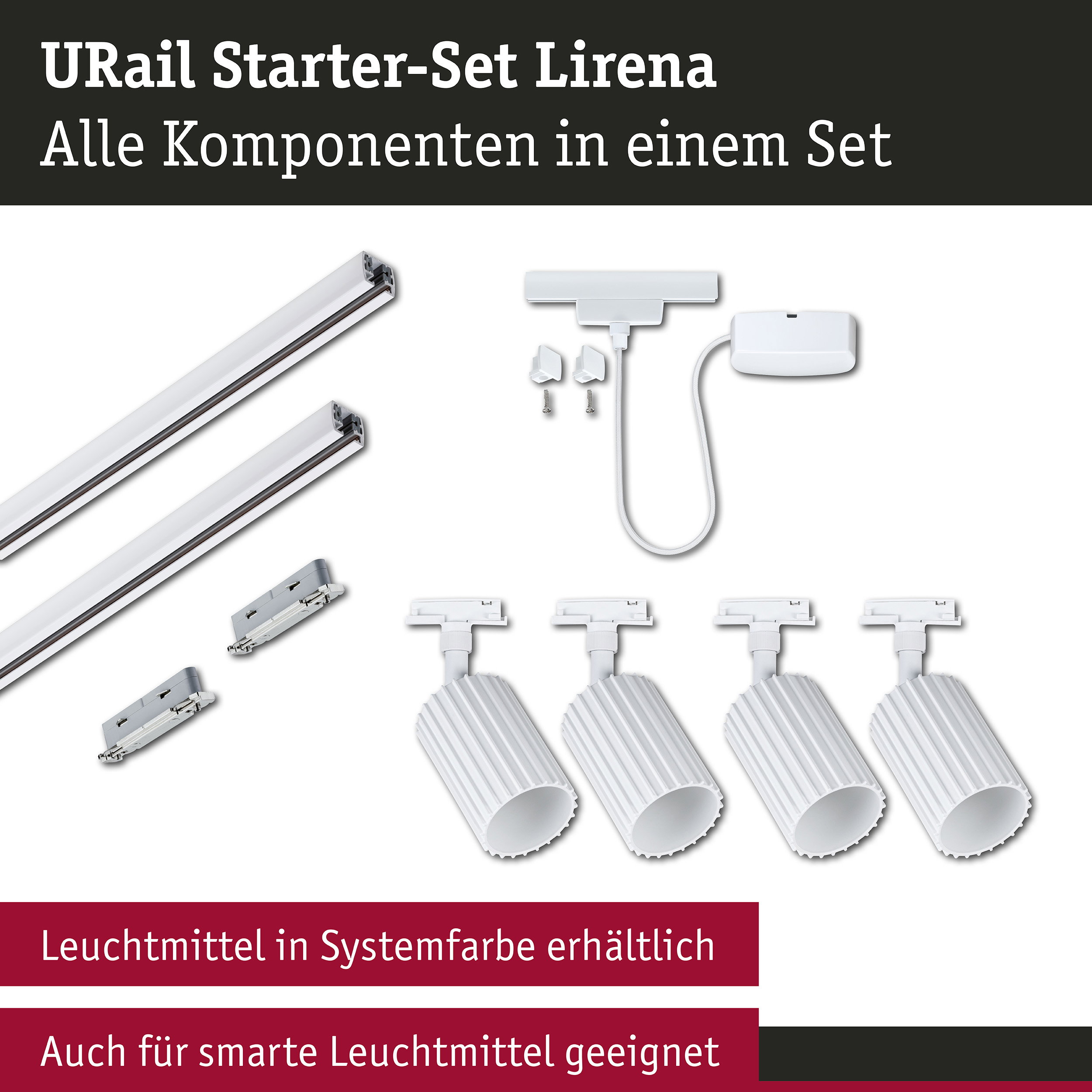 URail Schienenspot Lirena Starterset Kabeleinspeisung GU10 max. 10W 230V Signalweiß