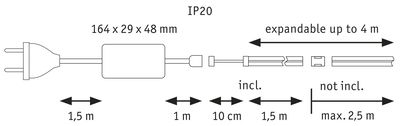 Technical drawing of a plug with 164x29x48 mm power supply and expandable cable up to 4 m.