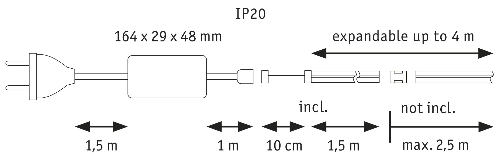 Technische Zeichnung eines Steckers mit 164x29x48 mm Netzteil und 4 m erweiterbarem Kabel.