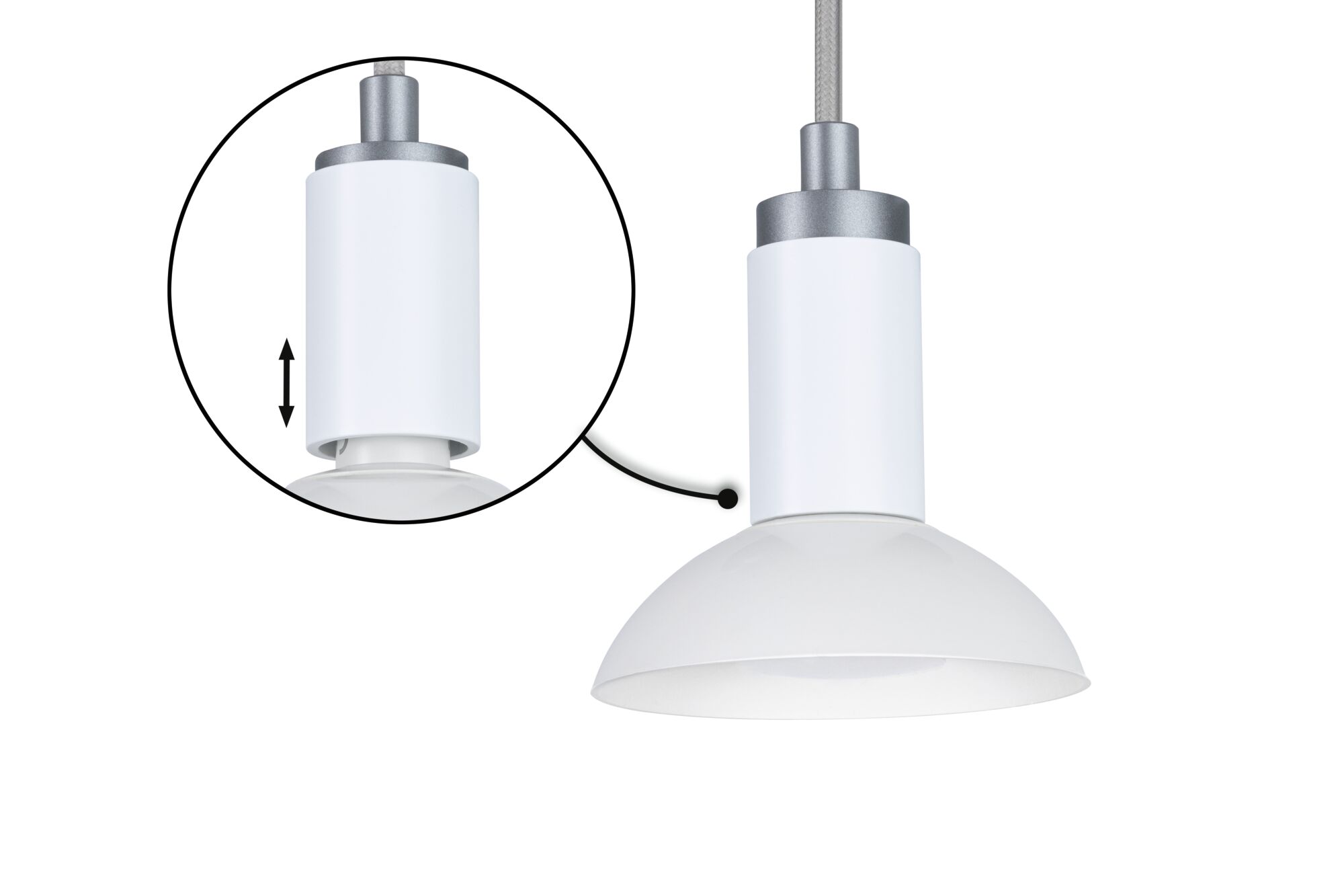 White metal pendant light with adjustable cylinder and grey cable for modern interiors
