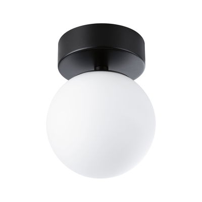 Ceiling light with black metal base and white glass globe for modern home lighting