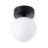 Deckenleuchte mit schwarzem Metallfuß und weißem Glasball für modernes Wohnambiente