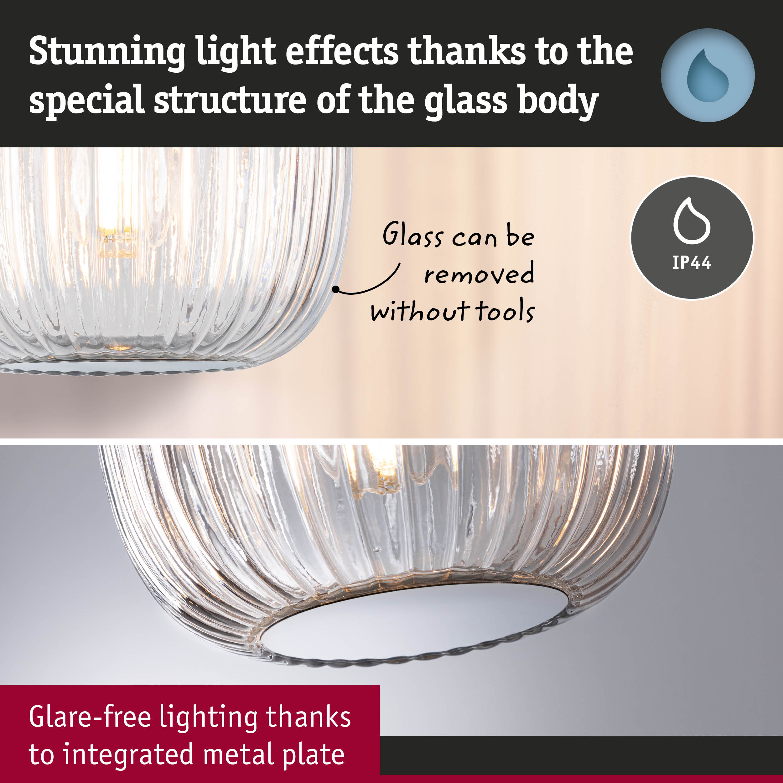 Glass ceiling light with textured body and integrated metal plate for glare-free illumination