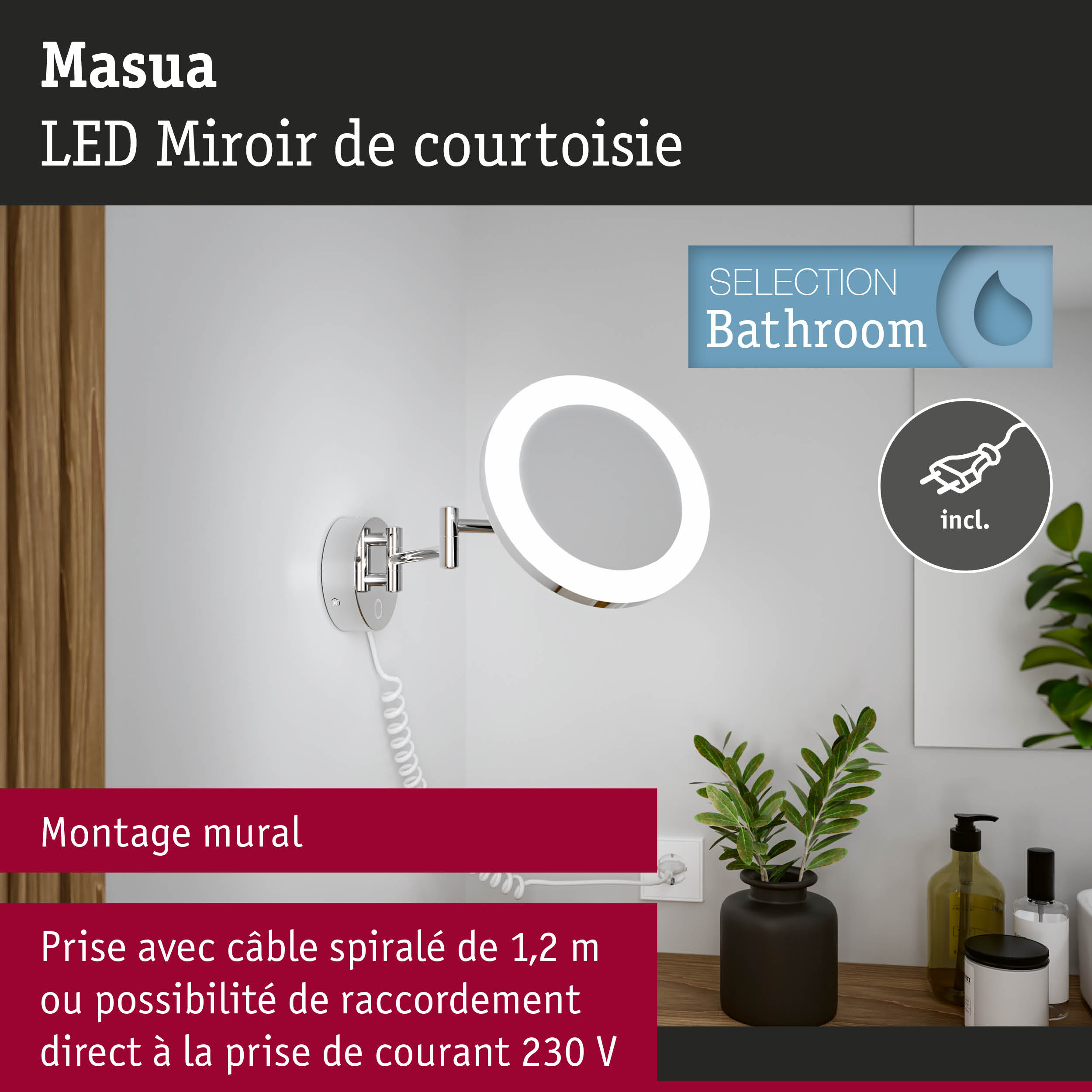 Miroir de courtoisie LED Masua avec montage mural et câble spiralé de 1,2 m pour éclairage salle de bain