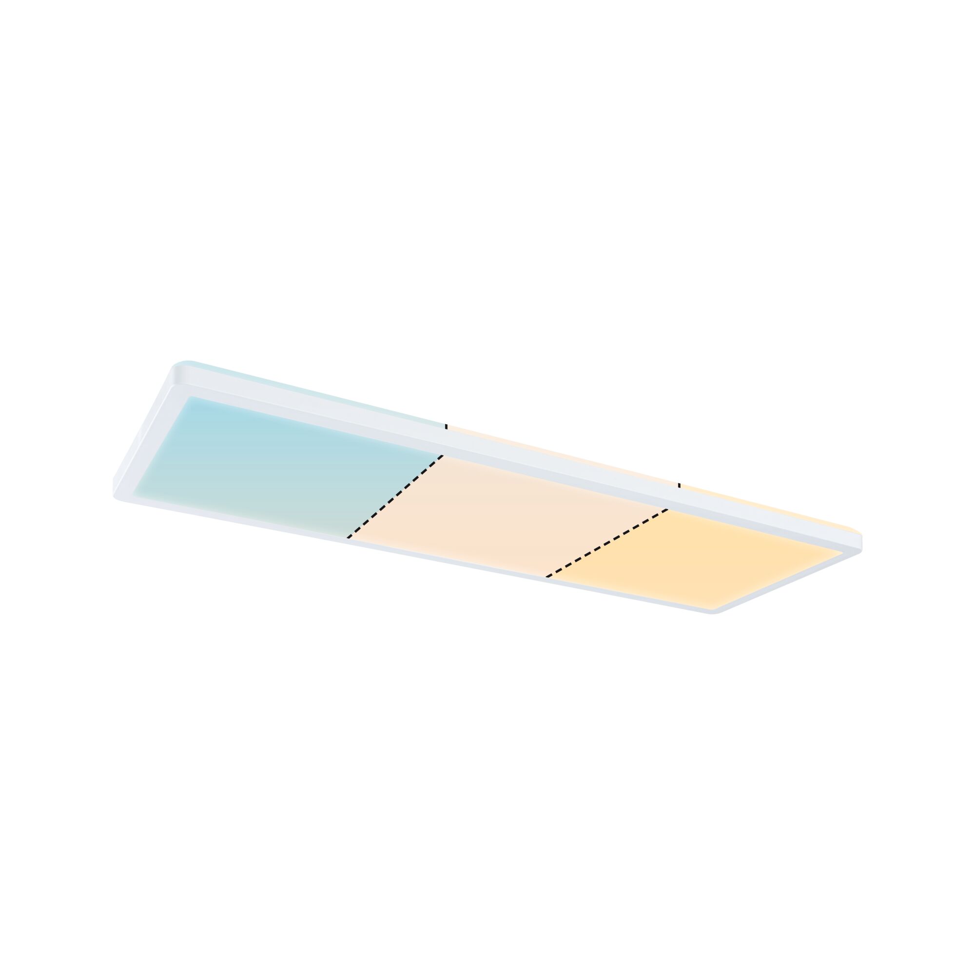 Flache LED-Deckenleuchte mit weißem Rahmen und dimmbaren Farbtemperaturen in Blau und Warmweiß