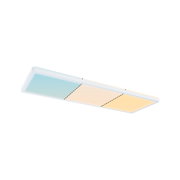 Flache LED-Deckenleuchte mit weißem Rahmen und dimmbaren Farbtemperaturen in Blau und Warmweiß