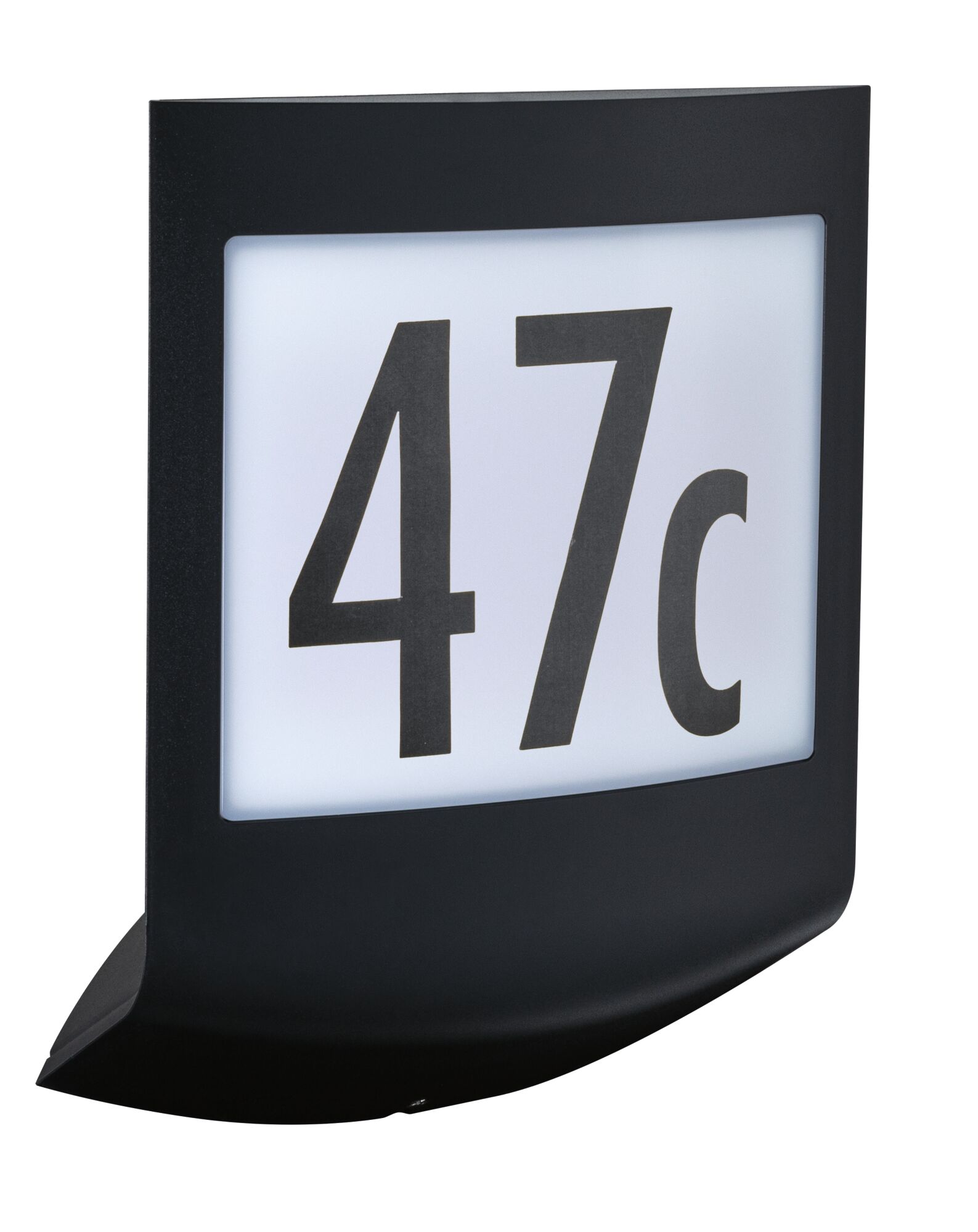 Black metal house number sign with white background and black digits 47c for outdoor lighting