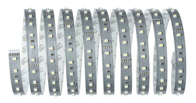 Flexible LED strip with white LEDs on silver circuit board for versatile lighting applications