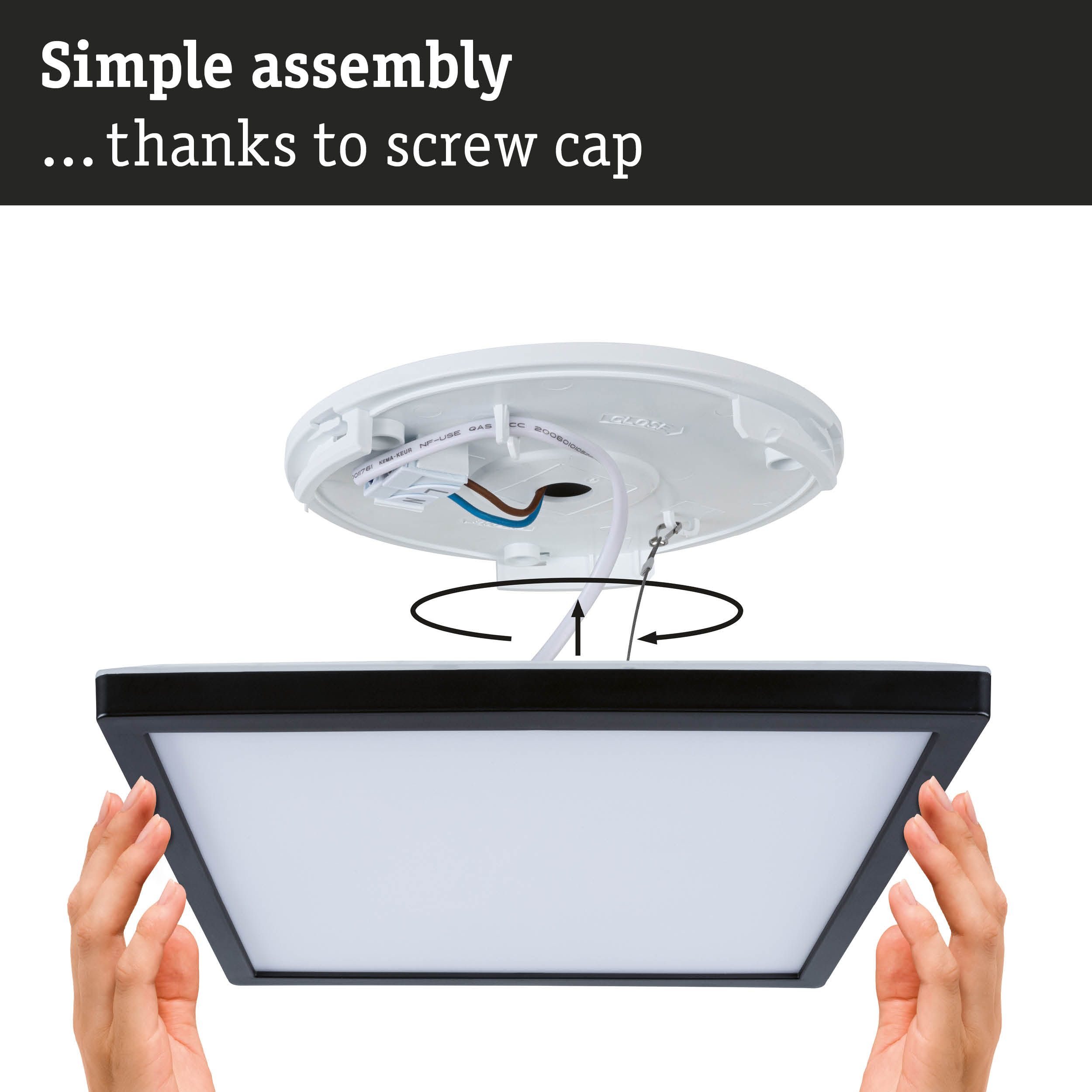 Assembly of white LED ceiling light with black frame and screw cap for easy installation