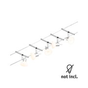 Moderne Seilspot-Leuchte aus silbernem Metall mit verstellbaren Strahlern und warmweißem Licht