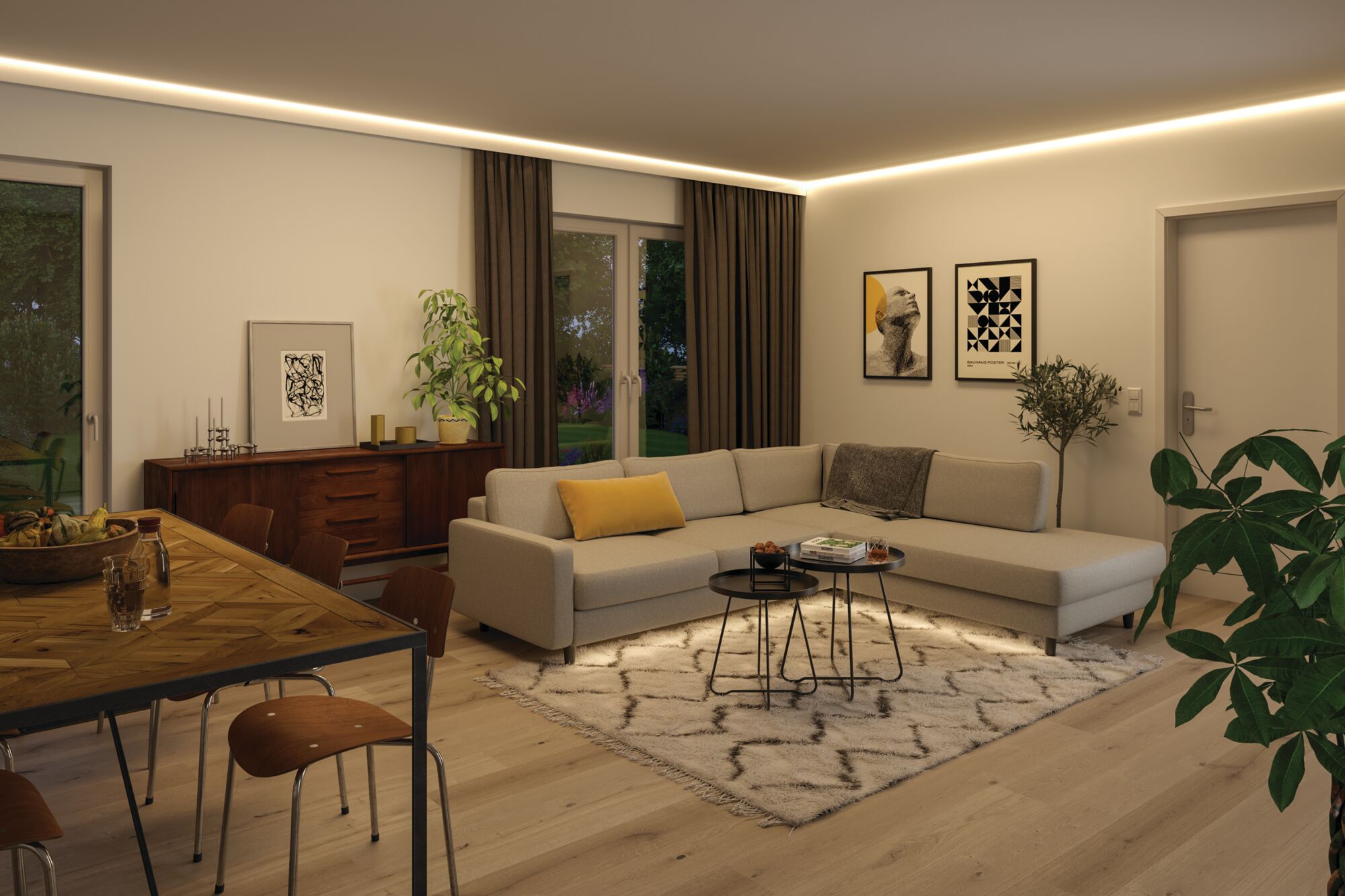 Modern living room with LED ceiling light, beige corner sofa, rug, and wooden table with chairs
