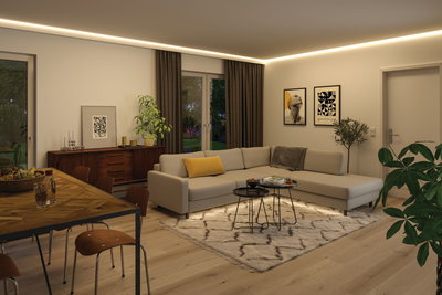 Modernes Wohnzimmer mit LED-Deckenlicht, beigem Ecksofa, Teppich und Holztisch mit Stühlen