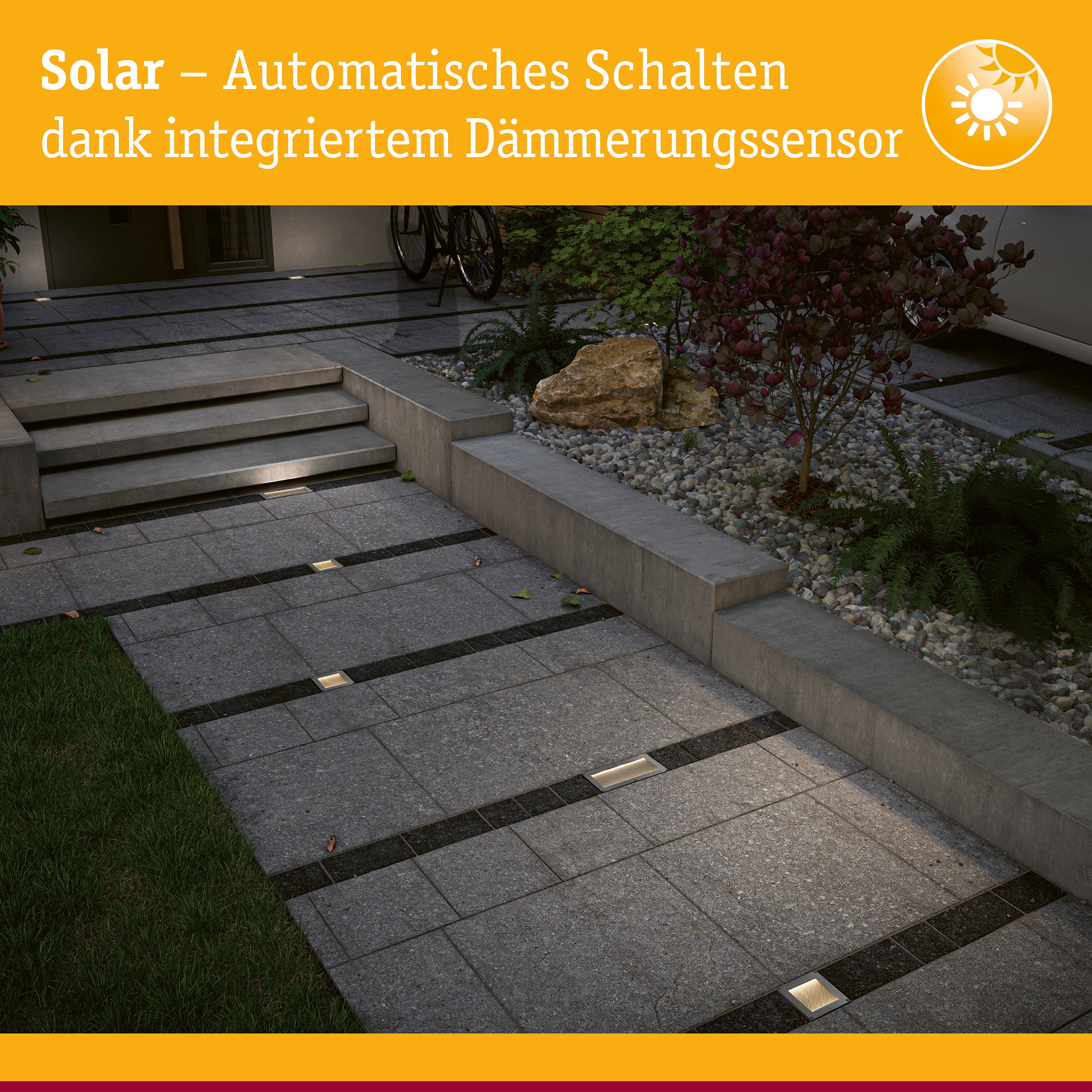 Solar LED Bodeneinbauleuchte Sorea Dämmerungssensor IP67 eckig 100x100mm 3000K 0,1W 6lm 3,7V Eisen gebürstet ABS/Polycarbonat/Edelstahl