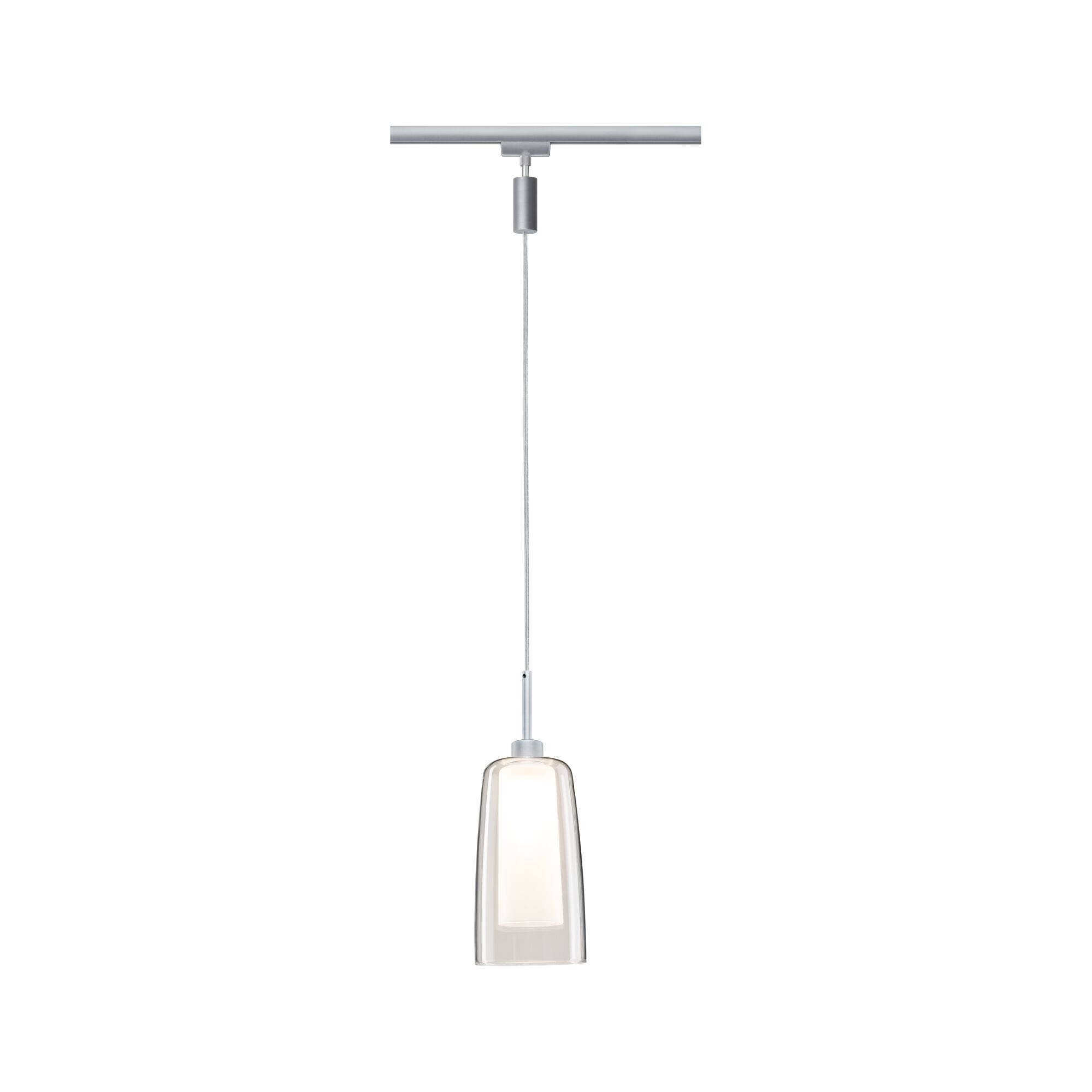 Moderne hanglamp met transparant glas en zilverkleurig metaal, geschikt voor railsystemen.